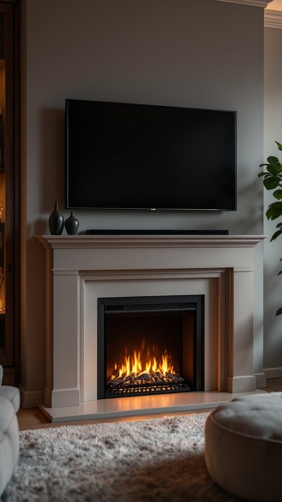 A cozy living area featuring an electric fireplace beneath a television, creating a warm focal point