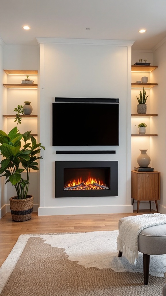 Modern small space design featuring an electric fireplace, TV, and decorative shelves