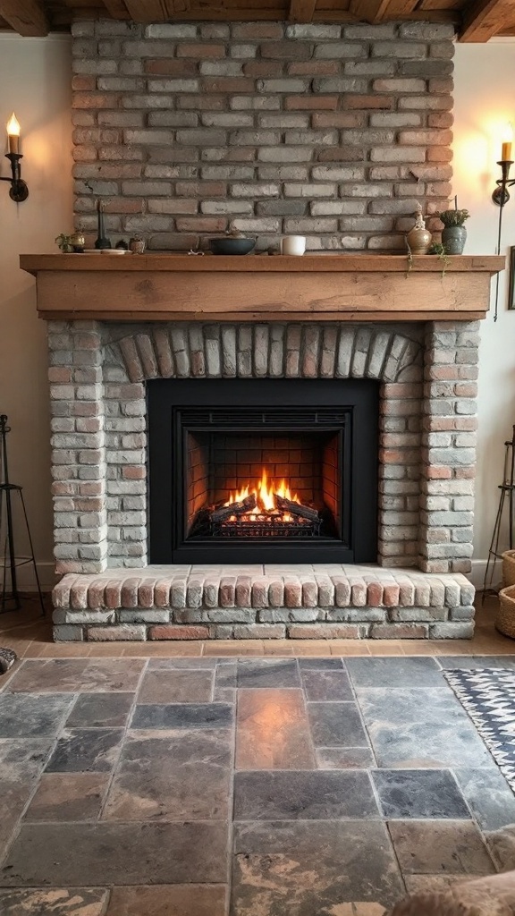 A cozy brick fireplace with an electric insert and flames, surrounded by warm decor.