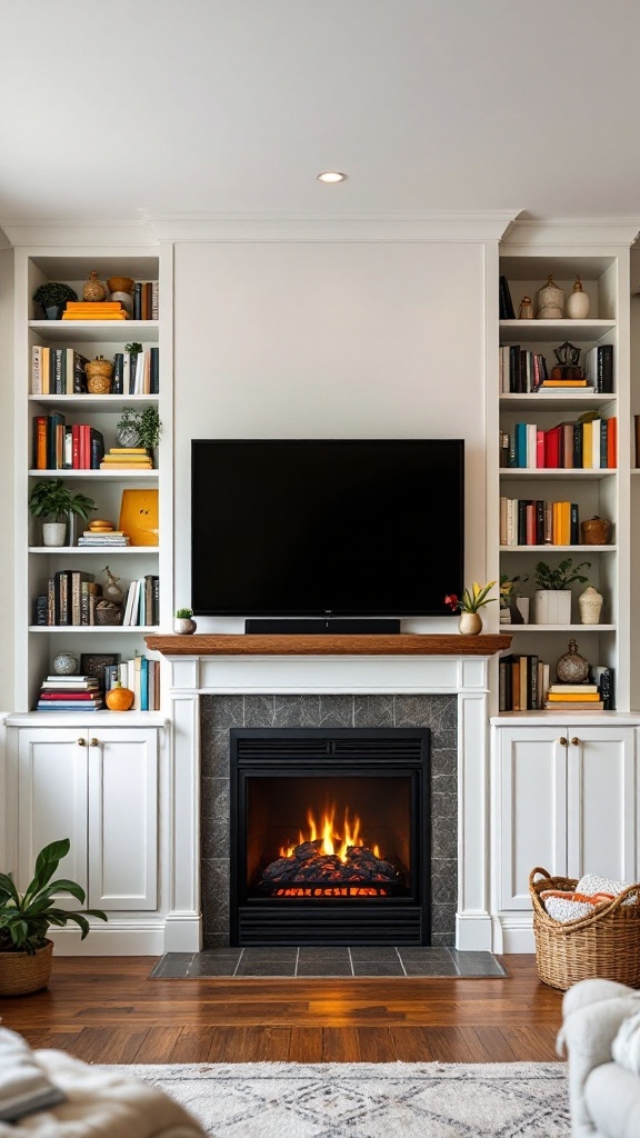 A cozy living room featuring an electric fireplace beneath a TV, with bookshelves on either side filled with books and decorations.