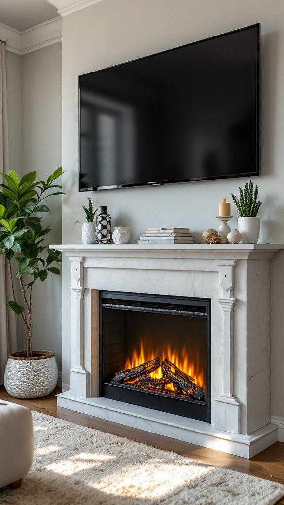 An electric fireplace with a TV above it, featuring decorative accents and indoor plants.