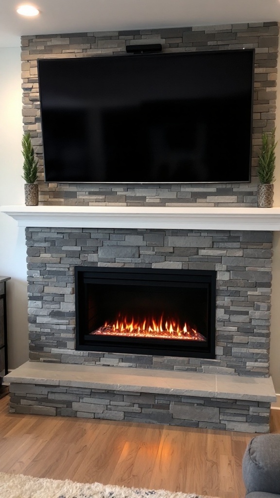Modern electric fireplace with custom stone surround and large television above.