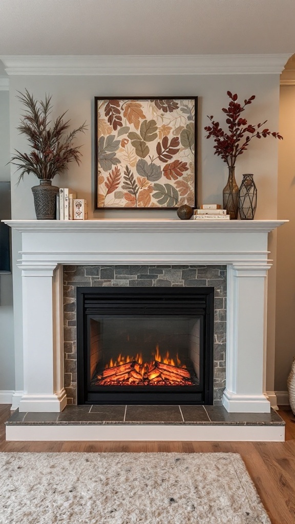 A cozy basement electric fireplace with decorative shelving, featuring plants and wall art.