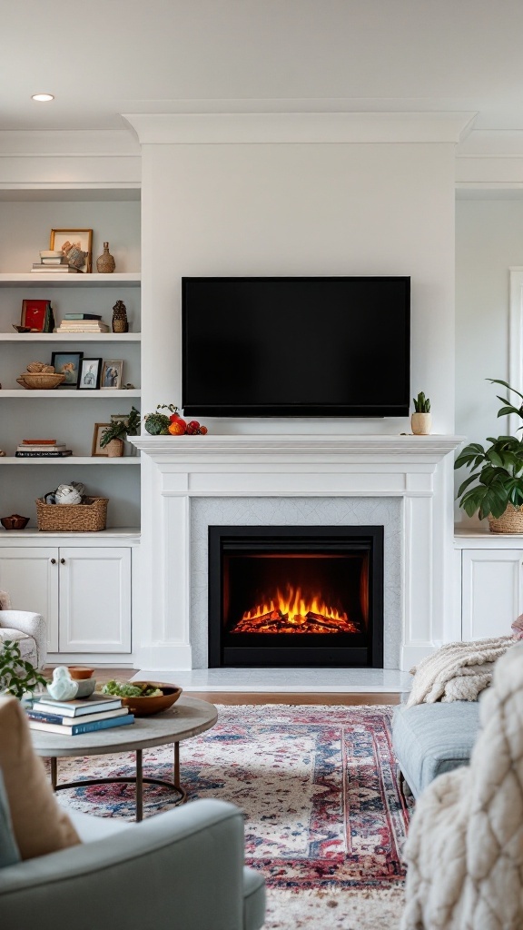 Cozy family room with an electric fireplace and TV setup