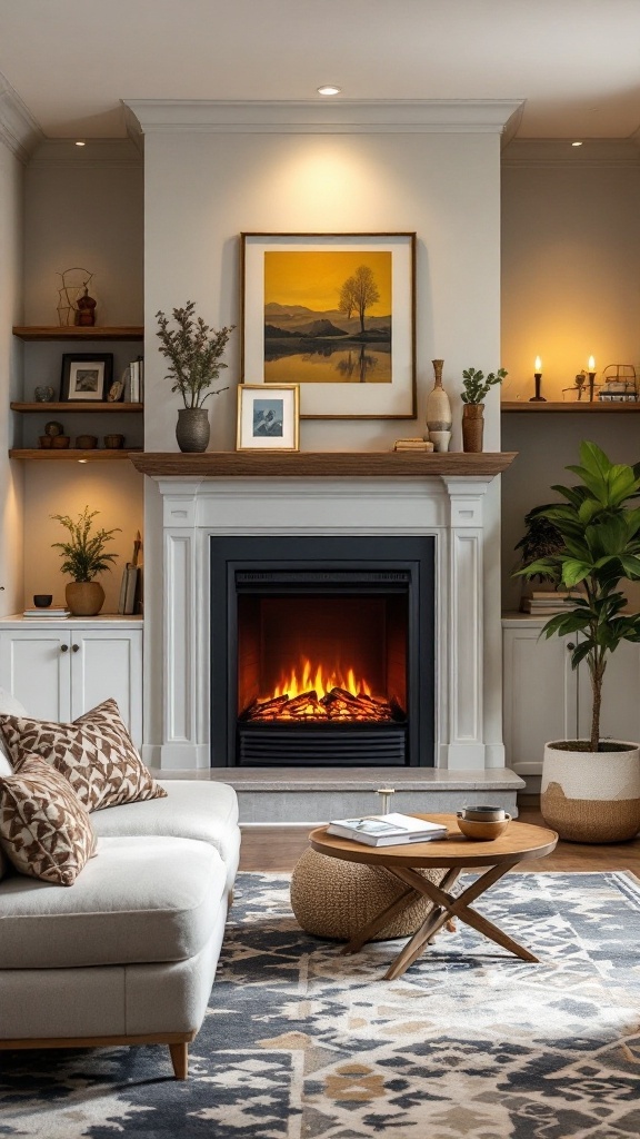Cozy basement with a freestanding electric fireplace, comfortable seating, and decorative shelves.
