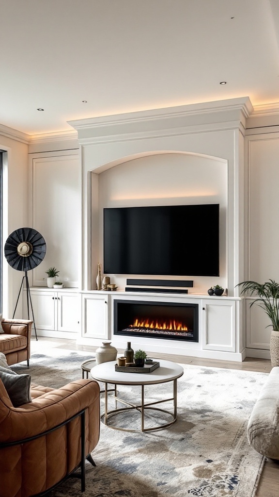 A stylish living room featuring a luxury electric fireplace and a media center with a large television.