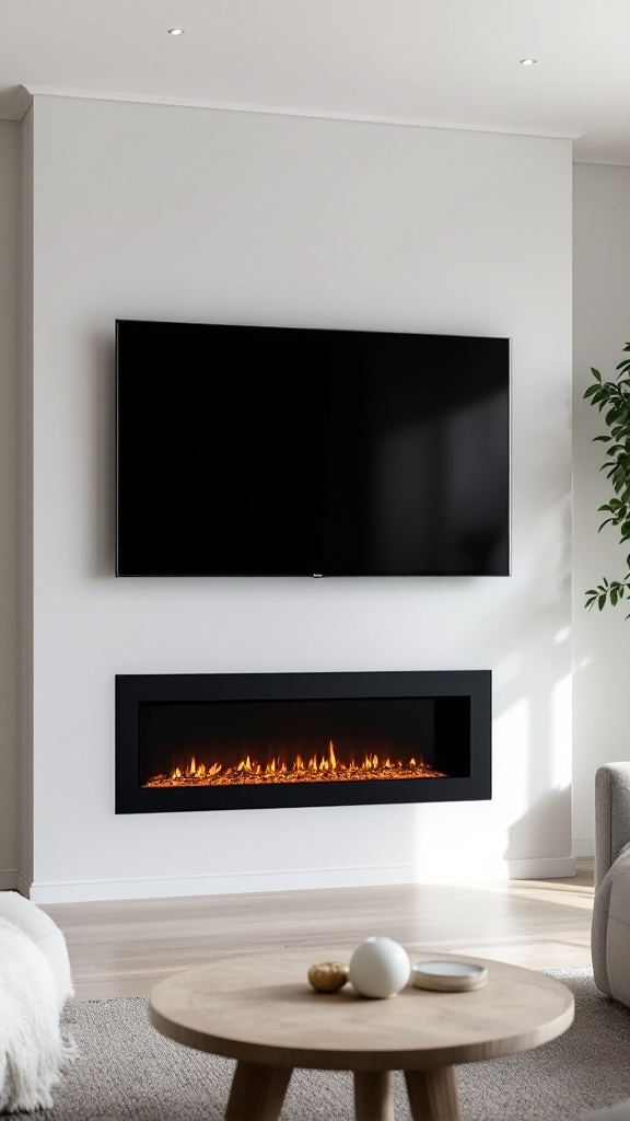 Modern minimalist living room with an electric fireplace and TV built-in