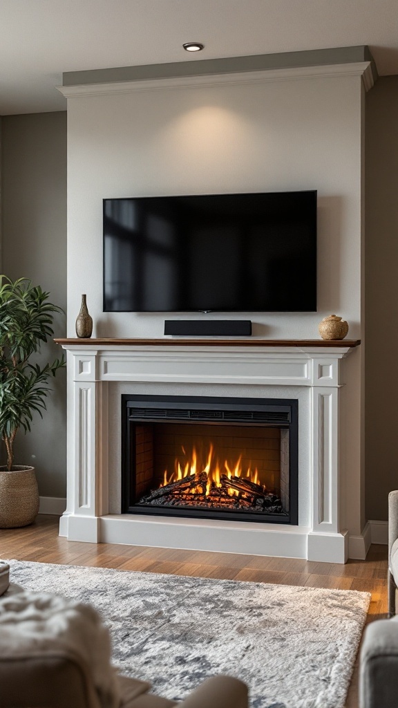 A modern basement with an electric fireplace underneath a wall-mounted TV, surrounded by decorative elements.