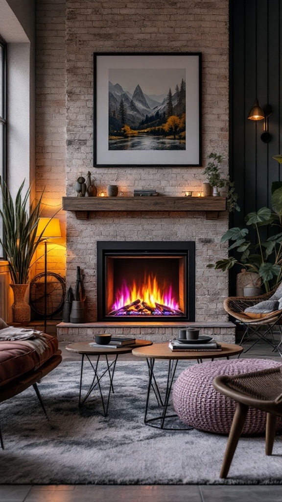 A stylish living room featuring an electric log burner fireplace with colorful LED flames, surrounded by cozy furniture and warm lighting.