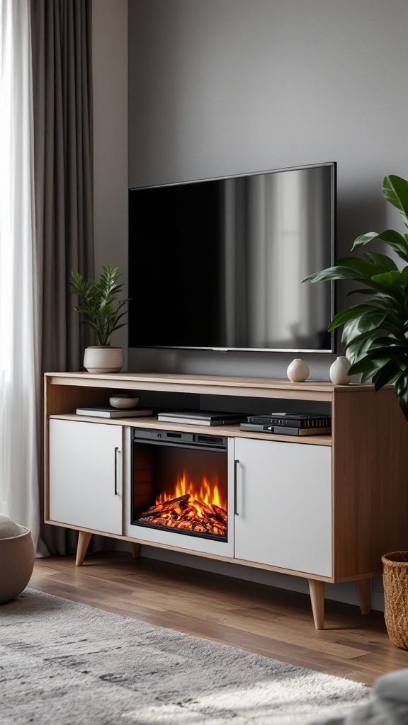 A modern corner electric fireplace with a TV mounted above, surrounded by an entertainment unit and decorative elements.