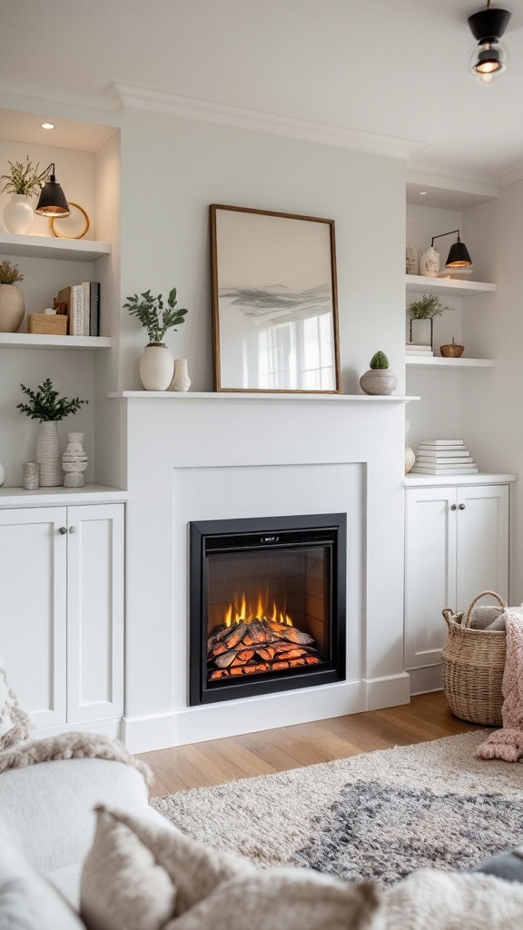 A custom built-in electric fireplace surrounded by stylish decor and shelving.