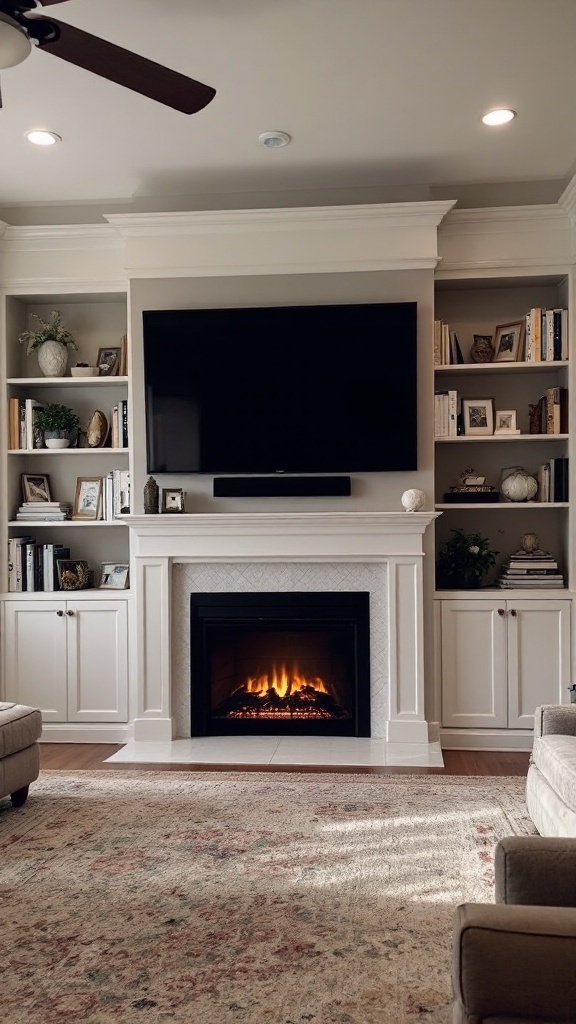 A living room featuring a custom built-in shelf around an electric fireplace with a TV above.