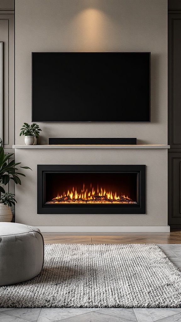 Electric fireplace with TV mounted above, featuring artwork and a plant on the shelf.