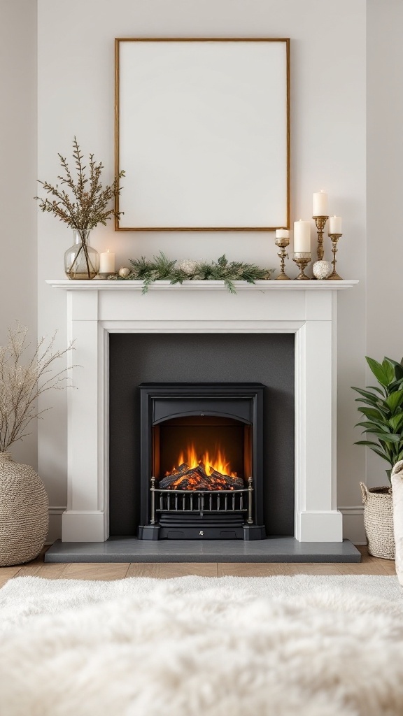 An elegant mantel display featuring an electric log burner fireplace, adorned with candles and natural decor.