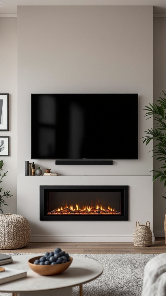 A stylish living room featuring a wall-mounted TV above an electric fireplace, with cozy decor and plants.