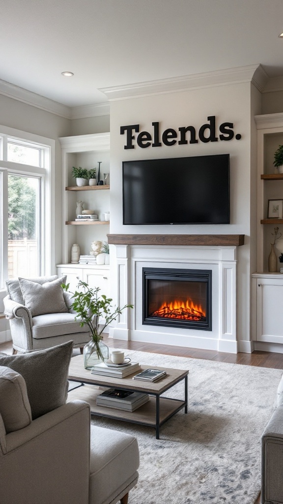 Cozy family room featuring an electric fireplace under a TV nook with light-colored furniture and decor