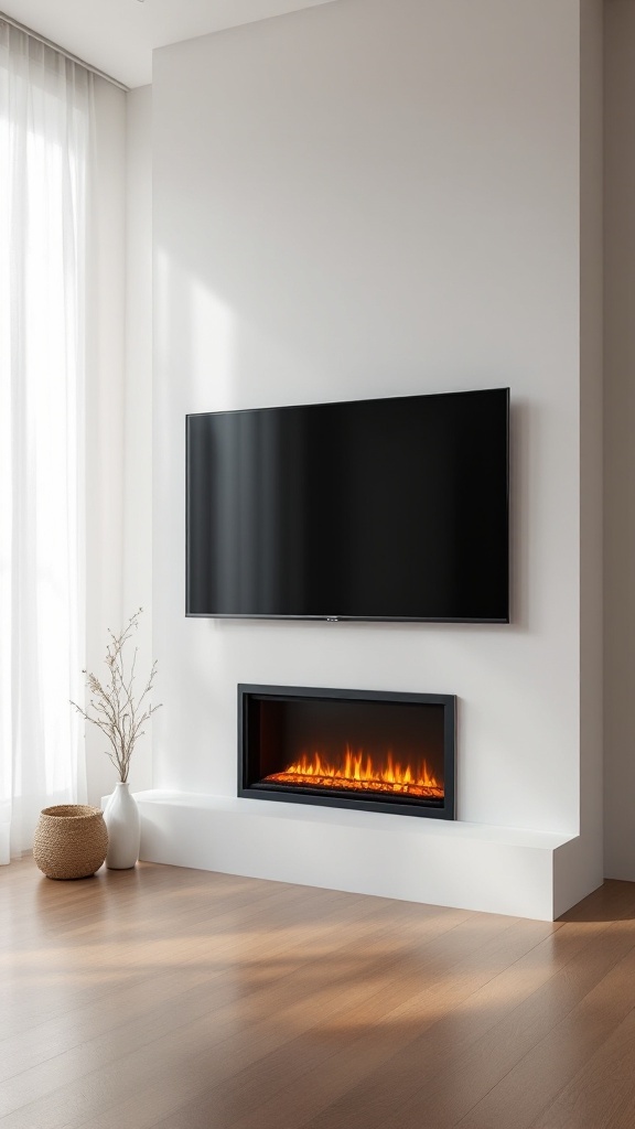 A minimalist living room featuring a wall-mounted TV above an electric fireplace, with light-colored walls and wooden flooring.