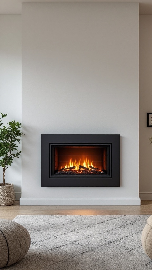 A modern minimalist electric log burner set in a stylish living room with a white wall and black frame.