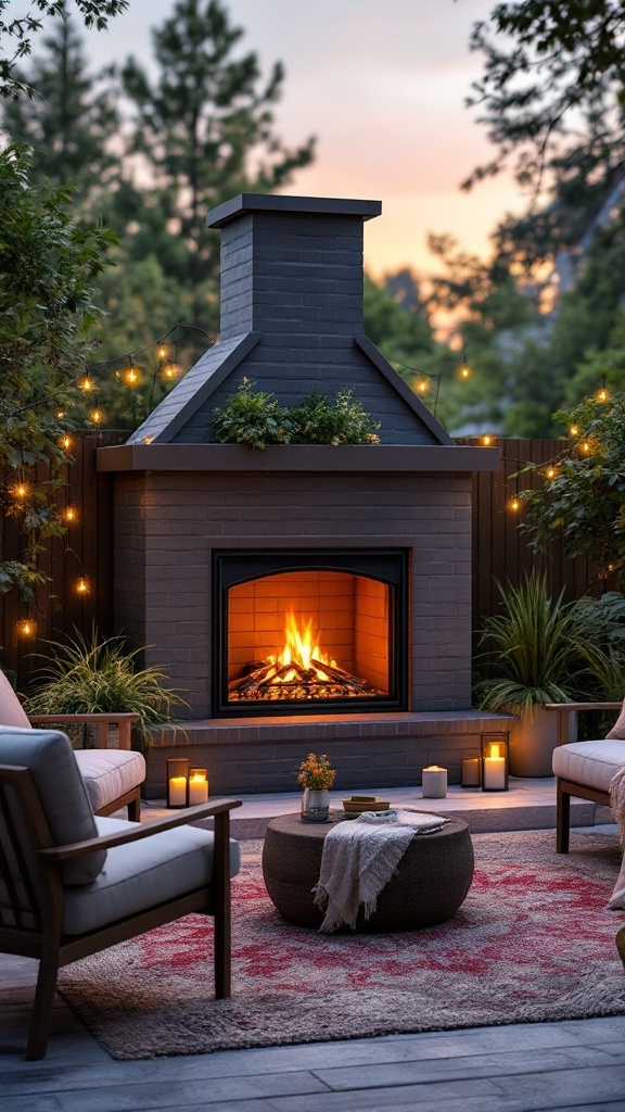 Cozy outdoor patio with an electric log burner, comfortable seating, and soft lighting.