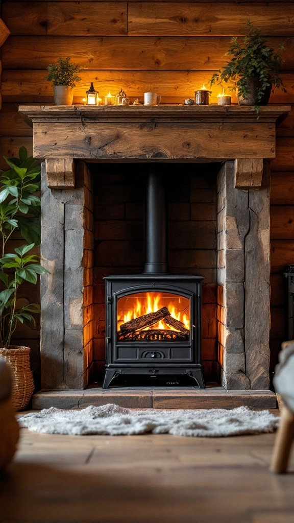A cozy electric log burner fireplace surrounded by reclaimed wood and stone, featuring candles and plants on the mantel.