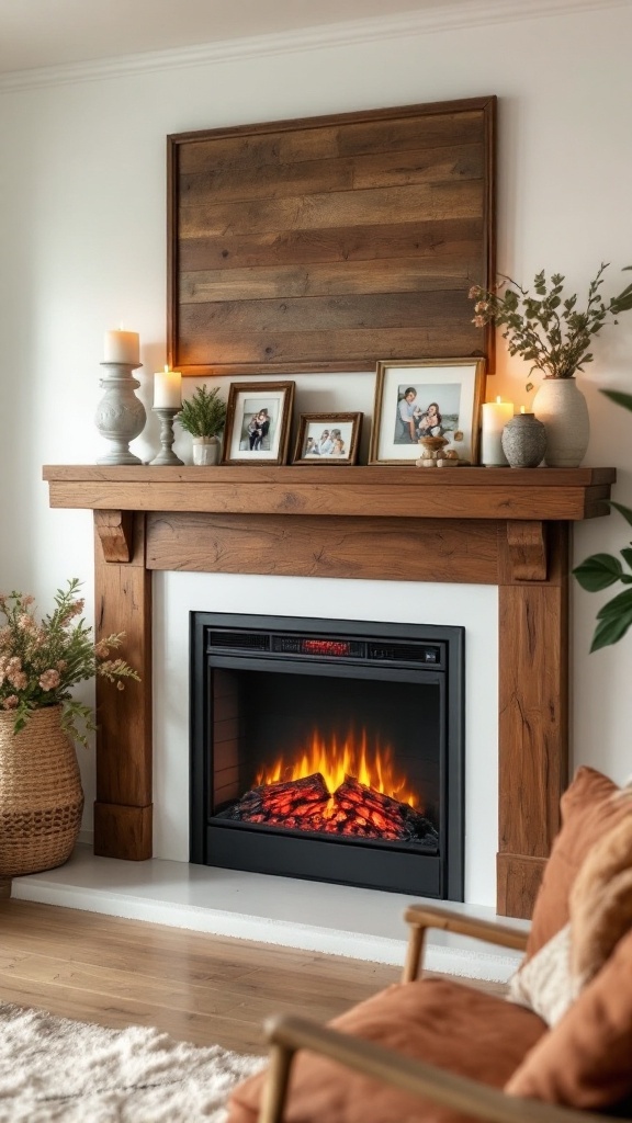 A rustic mantel design featuring an integrated electric fireplace, with candles and family photos on top.