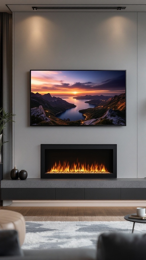 A modern living room featuring a wall-mounted TV above an electric fireplace, with warm flames and a cozy setup.