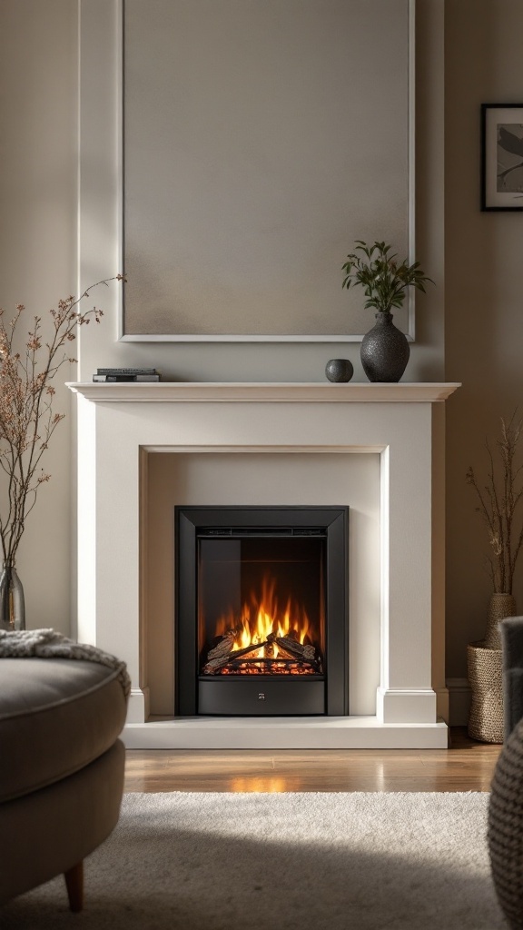 A stylish electric log burner fireplace with a glass front, set in a minimalist living room.