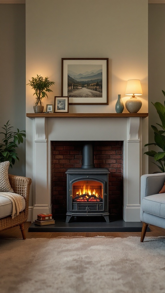 A vintage-inspired electric log burner fireplace in a cozy living room setting.