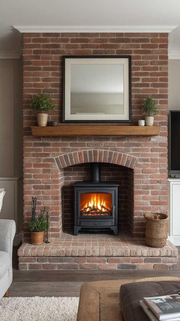 A traditional brick fireplace with an electric log burner, featuring a wooden mantle and potted plants.