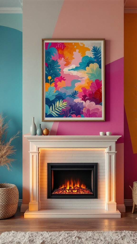 A colorful room featuring a rustic electric fireplace with vibrant accent walls in shades of blue and pink.