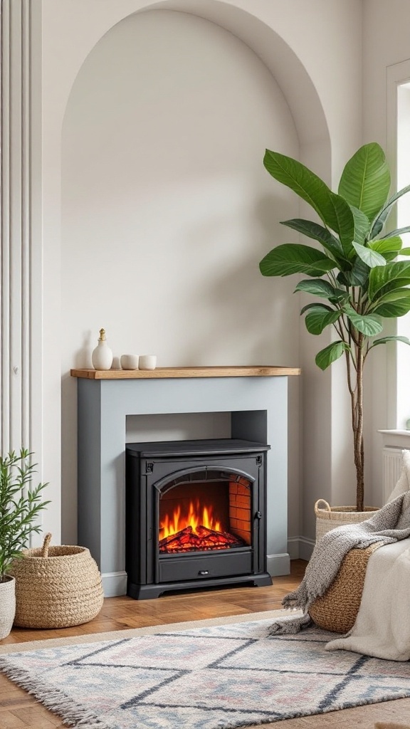 A corner electric fireplace with a sleek black finish, light gray mantel, and decorative plants.