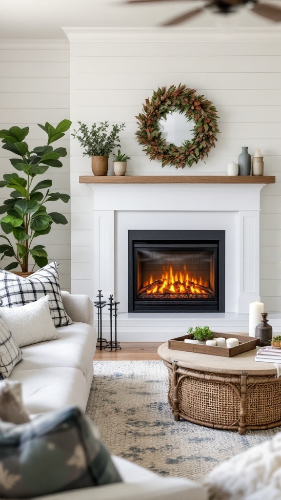 Cozy farmhouse living room with an electric fireplace, greenery, and rustic decor