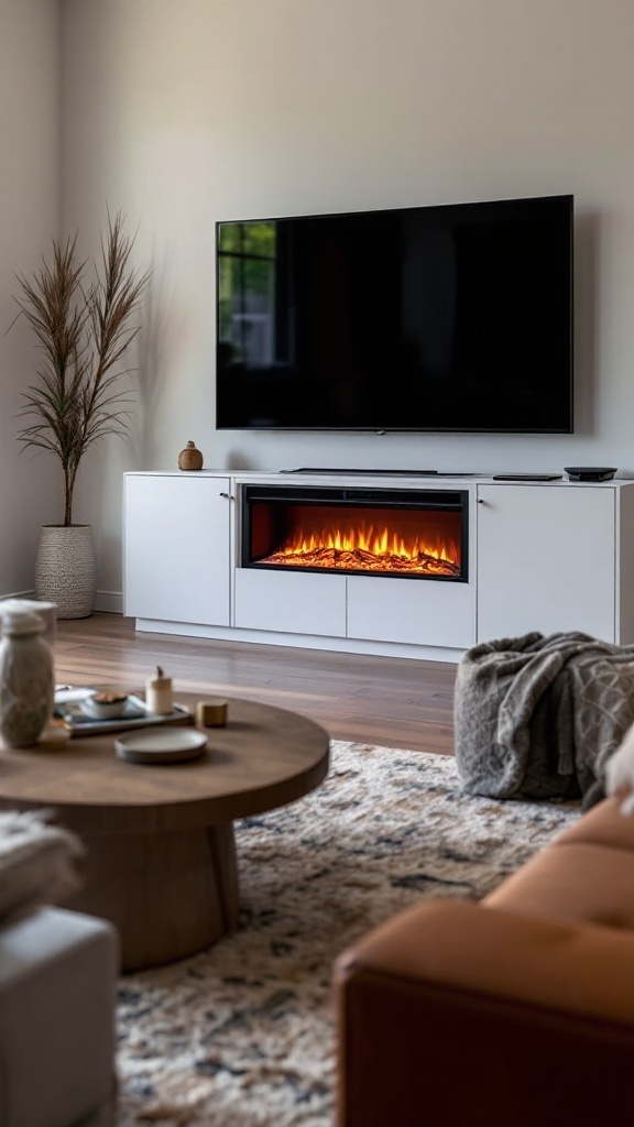 A stylish living room featuring a multi-functional electric fireplace integrated into a media cabinet.