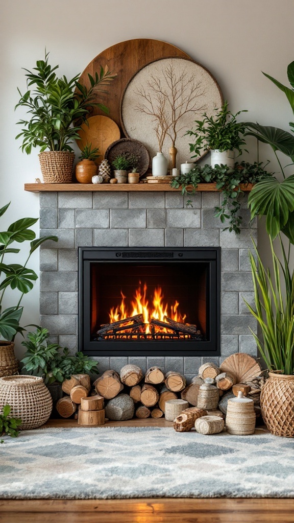 A rustic electric fireplace surrounded by greenery and natural decor elements.