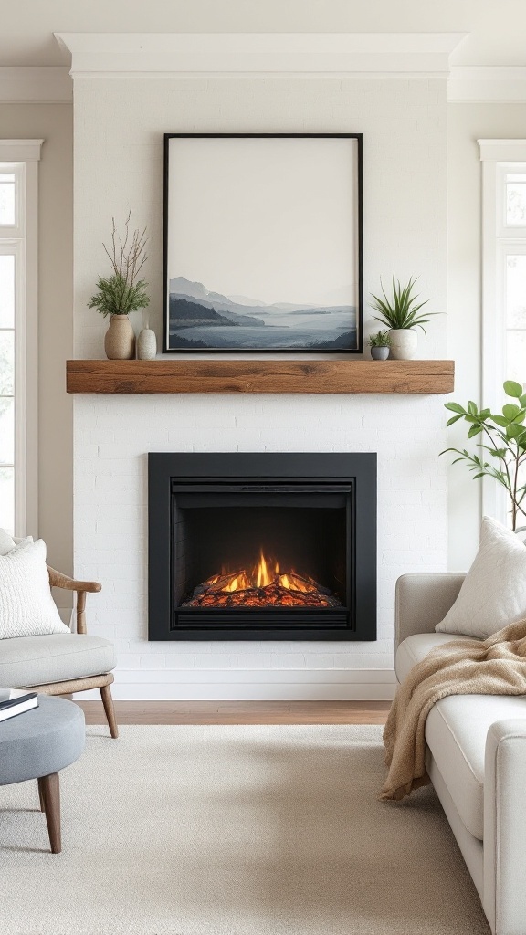 A modern electric fireplace with a reclaimed wood mantel, surrounded by plants and artwork, creating a cozy living room atmosphere.