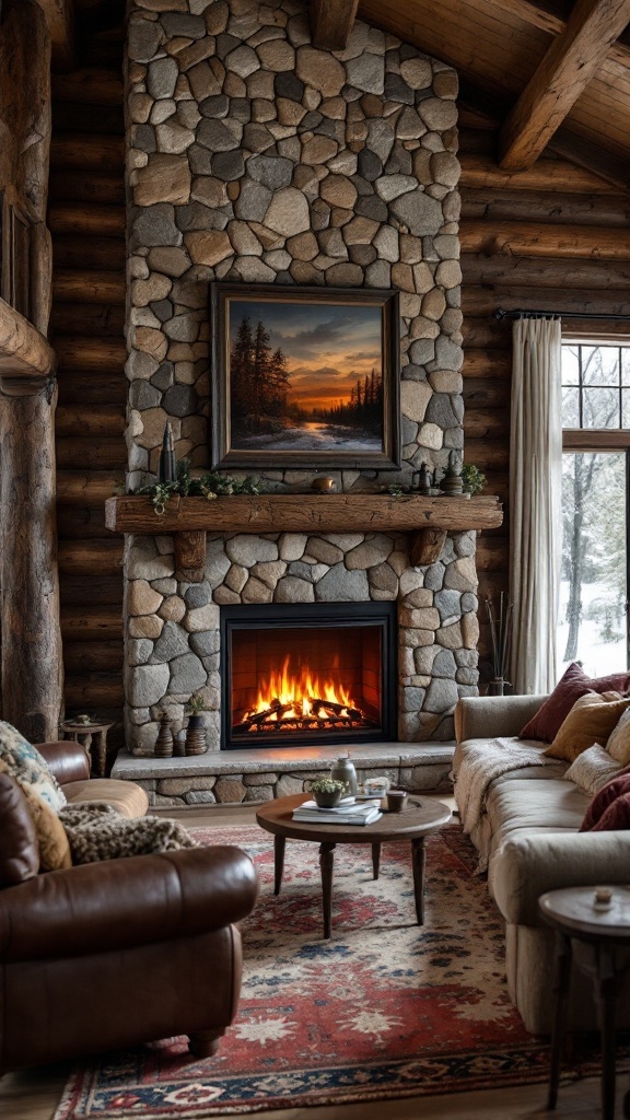 A cozy rustic lodge living room featuring a stone electric fireplace, plush sofas, and warm decor.