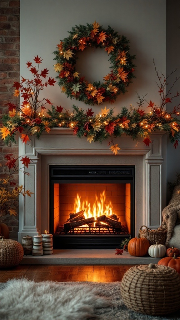 A rustic electric fireplace decorated with autumn leaves, wreath, pumpkins, and cozy textures.