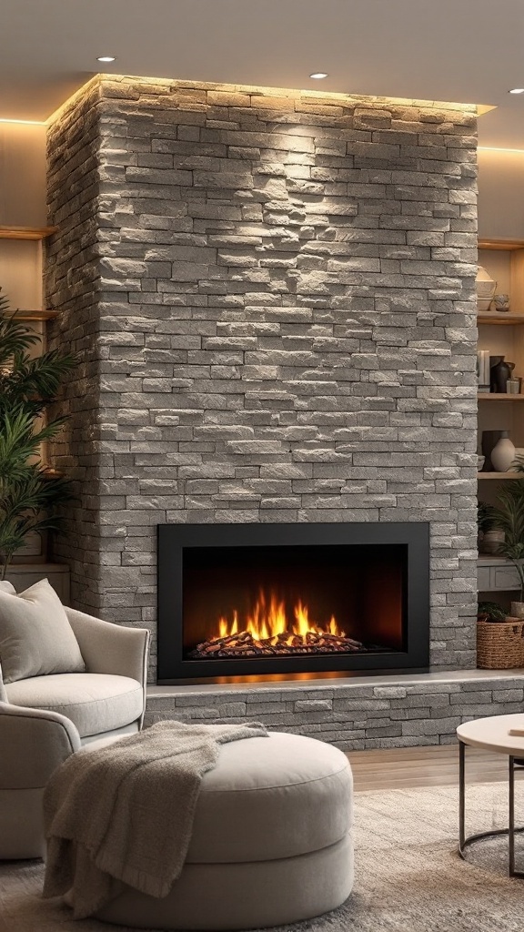 A cozy living room featuring a stone accent wall with an electric fireplace, complemented by soft lighting and comfortable seating.