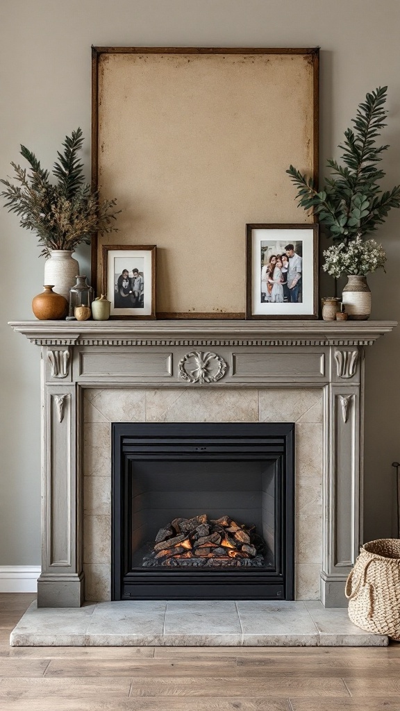 A vintage-inspired mantel with an electric fireplace, featuring decorative plants, family photos, and a large empty frame above.