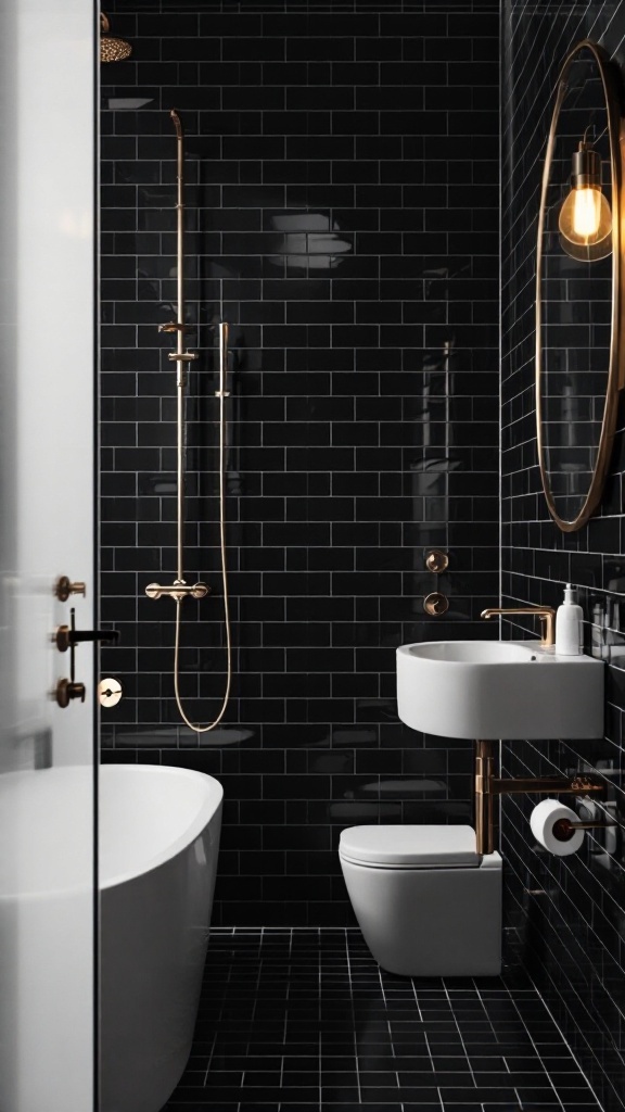 A stylish black bathroom featuring gold accents, including fixtures and a round mirror.