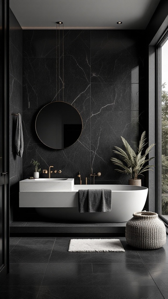 A modern bathroom featuring black walls, a freestanding bathtub, a round mirror, and greenery.