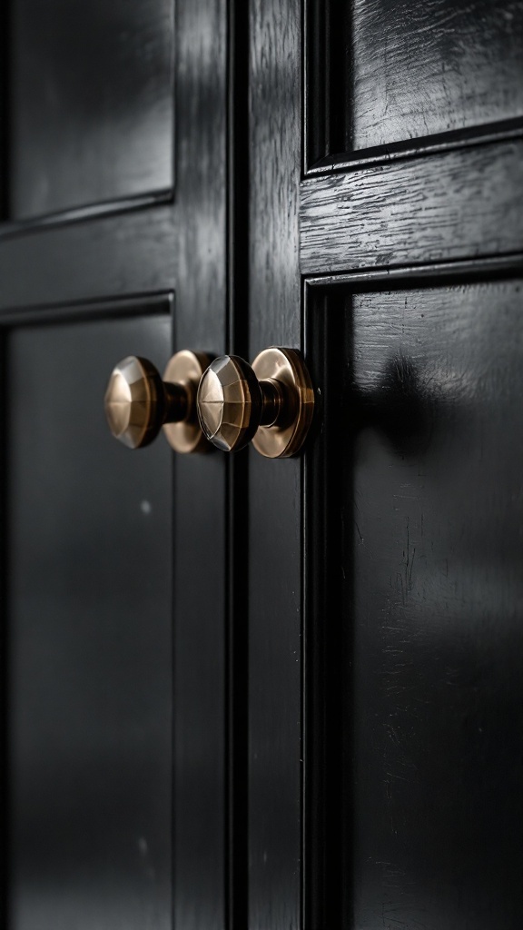 Close-up of black bathroom cabinet with brass knobs