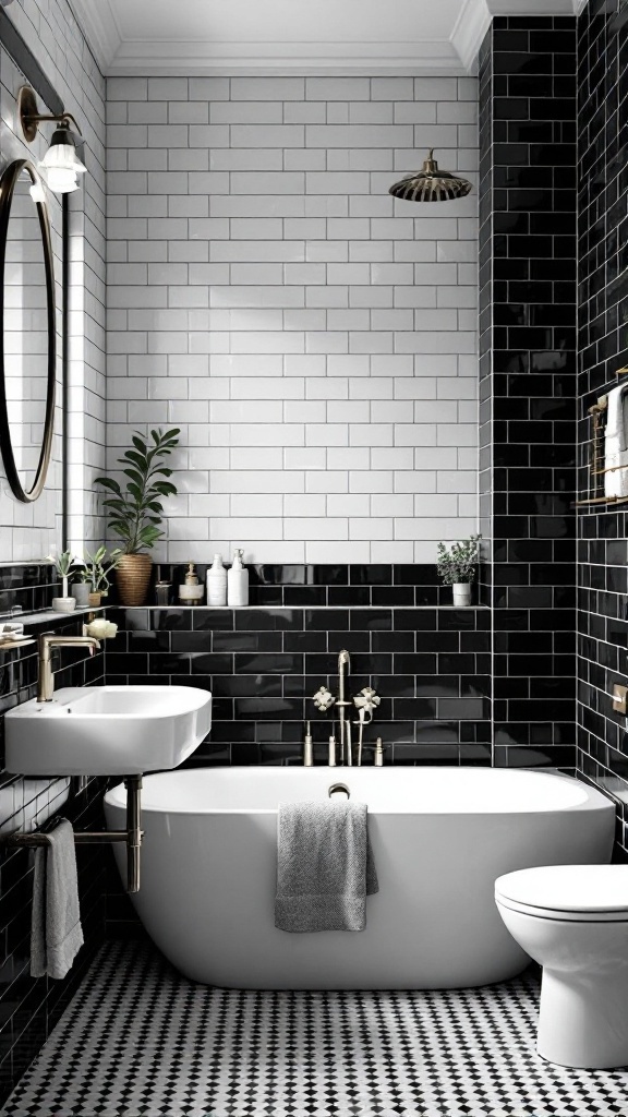 A stylish black and white bathroom featuring a freestanding tub, subway tiles, and decorative plants.