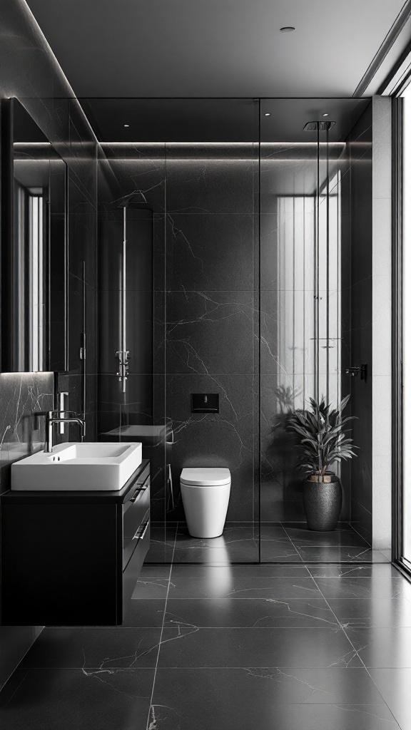 Contemporary bathroom featuring black tiles, glass elements, and a white sink.