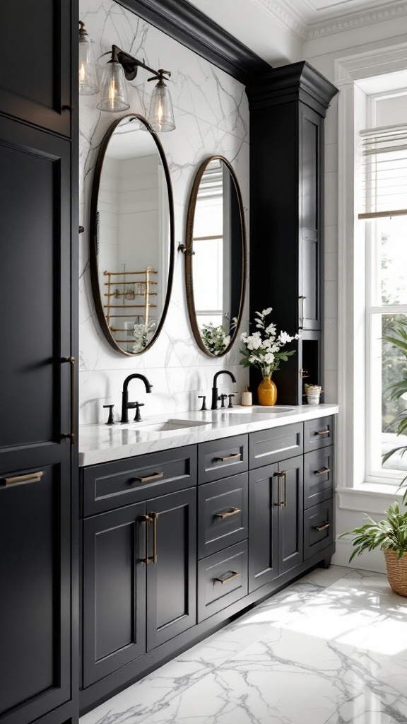 A stylish bathroom featuring black cabinets, white marble countertops, and brass fixtures.