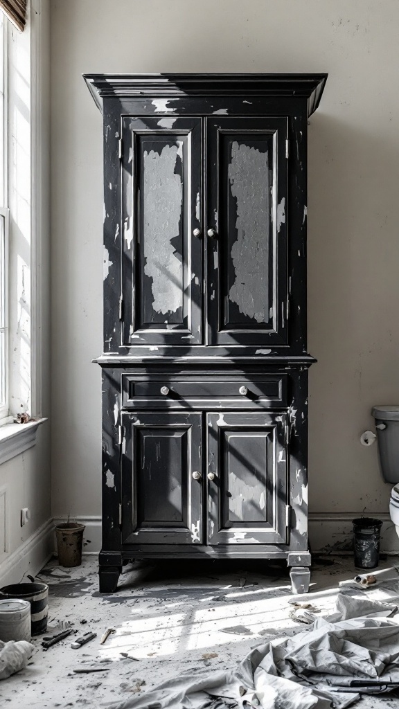 A black bathroom cabinet in the process of being painted, with paint splatters and tools scattered around.