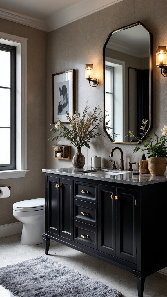 A stylish bathroom featuring a black vanity, unique lighting, and modern decor.