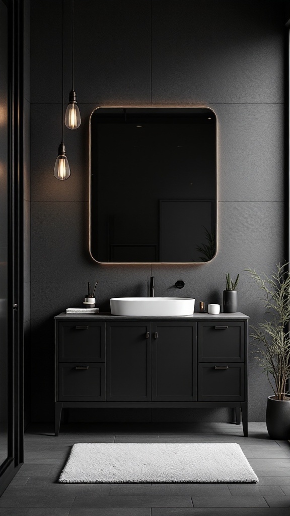 A modern bathroom featuring black cabinets, warm pendant lights, and a glowing mirror