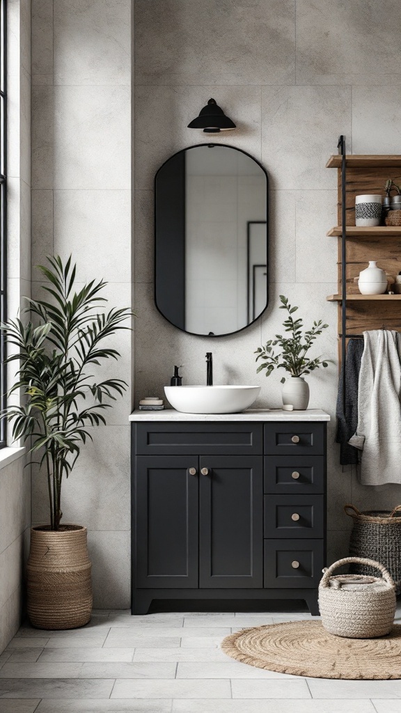 A stylish black bathroom cabinet set against light stone walls, featuring a round mirror and natural decor.