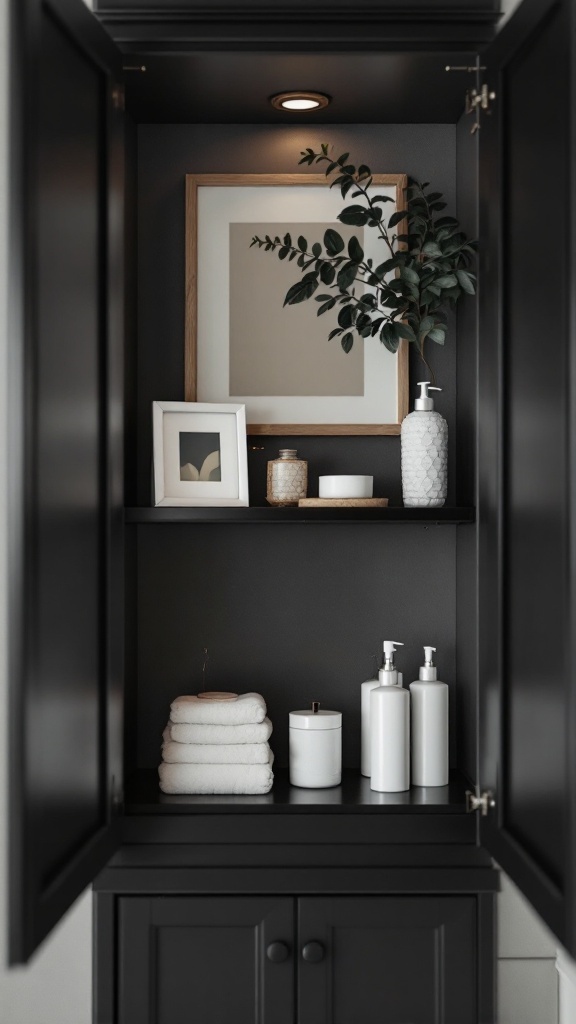 A black bathroom cabinet with open shelving displaying towels, lotions, and decorative items.